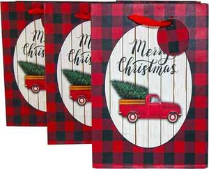 Medium Size Christmas Gift Bags Red Buffalo Plaid With Red Truck 10count Set - Picture 1 of 4