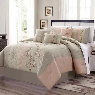 7-Piece Blush Taupe Embroidered Floral Cherry Blossom Striped Comforter Set - Image 1 of 4
