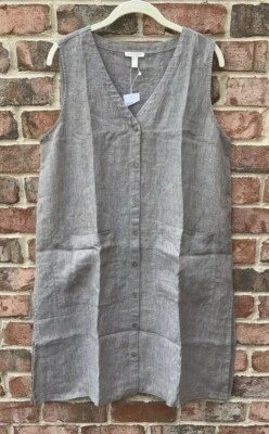 NWT Eileen Fisher Stone Washed Linen Delave V-Neck Long Top Tunic Shirt $188 L - Image 1 of 4