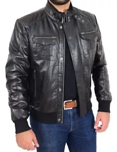 Mens Bomber Leather Jacket Soft Nappa Choice of Colours Black Brown Cognac - Rob - Picture 1 of 36