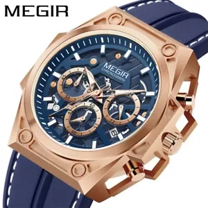 MEGIR Cinturino in Silicone Blu Orologi Impermeabile Cronografo Quarzo Orologio da polso - Foto 1 di 6