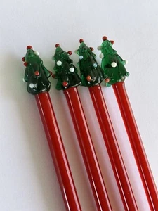 Four Vintage Art Glass Swizzlesticks Christmas Tree Stir Sticks Holiday Barware - Picture 1 of 14