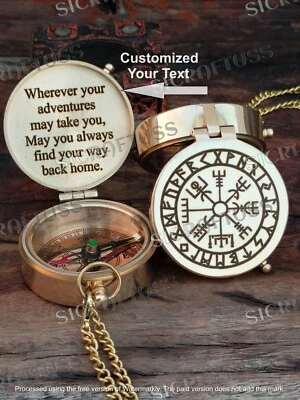 Nordic Compass Viking Vegvisir Engraved Brass Compass, Norse Mythology Compass. - Image 1 of 4