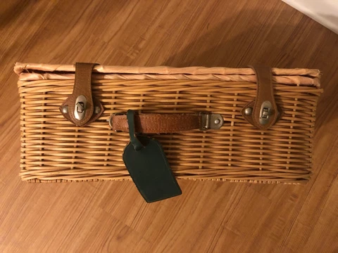 Unusual Top Open Vintage Wicker Picnic Basket Leather/Metal Closures/Handle/Tag Cover