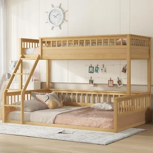 Twin XL over Queen Floor Bunk Bed, Narural Wooden Bunk Bed Frame with Ladder & G - Picture 1 of 7
