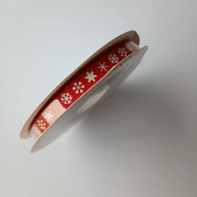 Berties Bows Ribbon Roll 9mm Grosgrain 25m Red With White Snowflakes Full Reel - Image 1 of 4