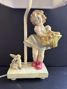 Vtg Child Table Lamp Apple Basket Girl & Rabbit Enameled Metal Shade Italy - Picture 1 of 24