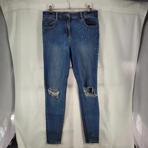 Matalan Jeans Womens Size 12 Blue Medium Wash Skinny leg Ripped Studded Stretch - Picture 1 of 14