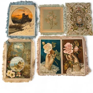 Antike viktorianische geprägte Grußkarten Lot Fransen Blumen malerische Designs Lot 6 - Bild 1 von 12
