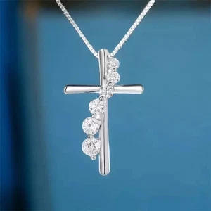 2.00Ct Round Cut Lab-Created Diamond Women's Cross Pendant 14K White Gold Plated - Picture 1 of 3
