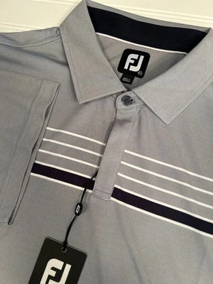 NWT FootJoy Performance Golf Polo Checker Jacquard 2XL Navy White Chest Stripe - Image 1 of 4