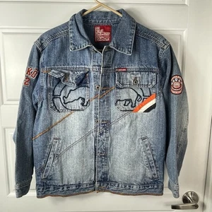 Vintage Y2K Echo Unlimited Wm’s Denim Bomber Jacket Size Large Embroidery Patches - Bild 1 von 10