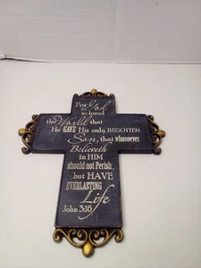 Cruz Juan 3:16 Versículo de la Biblia Decoración Colgante de Pared 12" x 10" Negro Oro Grabado - Imagen 1 de 16