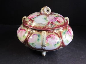 VTG NIPPON LARGE 3 HANDLE & 4 FOOTED FLORAL & GOLDEN BEADS DECORATED CRACKER JAR - Picture 1 of 8