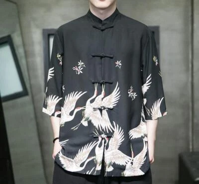 Men's Fashion Summer Chinese Style Stand Collar Short Sleeve Loose Printed Shirt - Image 1 of 4