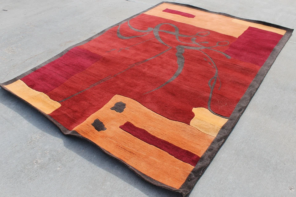 R4230 Green Color Geometrical Design Tibetan Woolen Rug 6 X 9' Handmade in Nepal