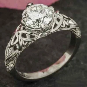 1880s Vintage 2.00 Ct Round Moissanite Engagement Ring In 935 Argentium Silver - Picture 1 of 5