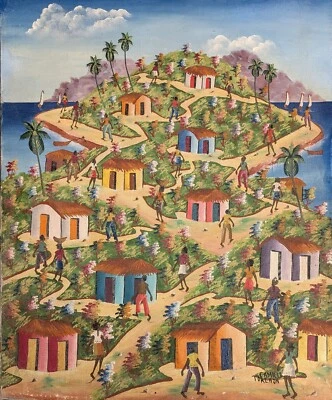 PINTURA ORIGINAL DE ARTE HAITIANO POR CAMILLE TORCHON PUEBLO PAISAJE HAITÍ 20x16 Foto 1 de 4