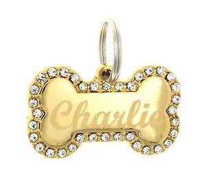 Custom Engraved Personalized Gold Bone Shape w/ CZ Dog Metal Tag Pet ID Name - Picture 1 of 3