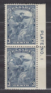 1934 #208 3¢ JACQUES CARTIER F-VF PAIR FULL PLATE NO. 1 IMPRINT - Picture 1 of 2