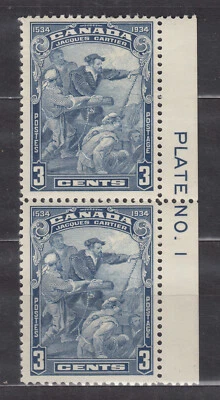 1934 #208 3¢ JACQUES CARTIER F-VF PAIR FULL PLATE NO. 1 IMPRINT - Image 1 of 2