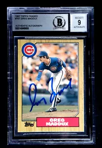 Tarjeta de novato firmada por Greg Maddux 1987 Topps intercambiada Beckett 9 como nueva #70T autógrafo. - Imagen 1 de 2