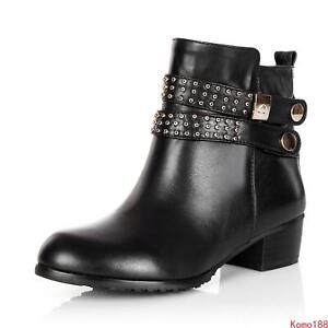 New Womens punk studded buckles Block heel leather zipper casual ankle boots