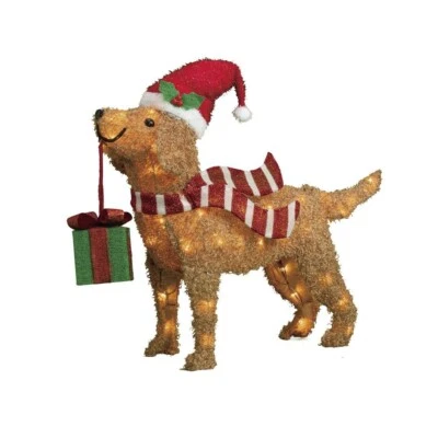 24" CHRISTMAS PUPPLY WEARING SANTA HAT w GIFT TINSEL PRE-LIT YARD / INDOOR DECOR - Image 1 of 4
