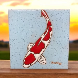Handmade Hand Glazed By Pumpkin Tile Japanese Carp Koi Red White Fish 6"X6" - Picture 1 of 4