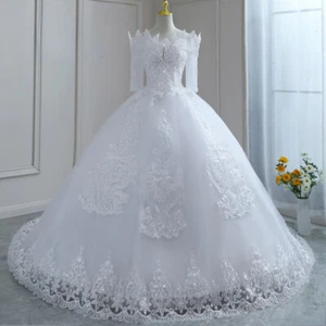 New Arrival White Wedding Dresses Off Shoulder Half Sleeves Lace Embroidery Gown - Picture 1 of 9