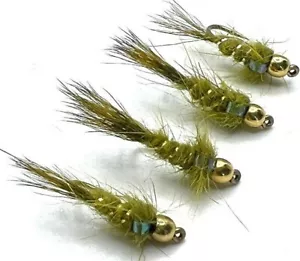 Trout Fly Fishing Flies OLIVE FLASHBACK GOLD HEAD NYMPH BARBED or BARBLESS - Picture 1 of 1