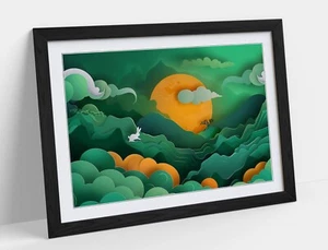 ORANGE SUNSET GREEN LANDSCAPE ABSTRACT FRAMED ART PICTURE POSTER PRINT DECOR - Picture 1 of 10