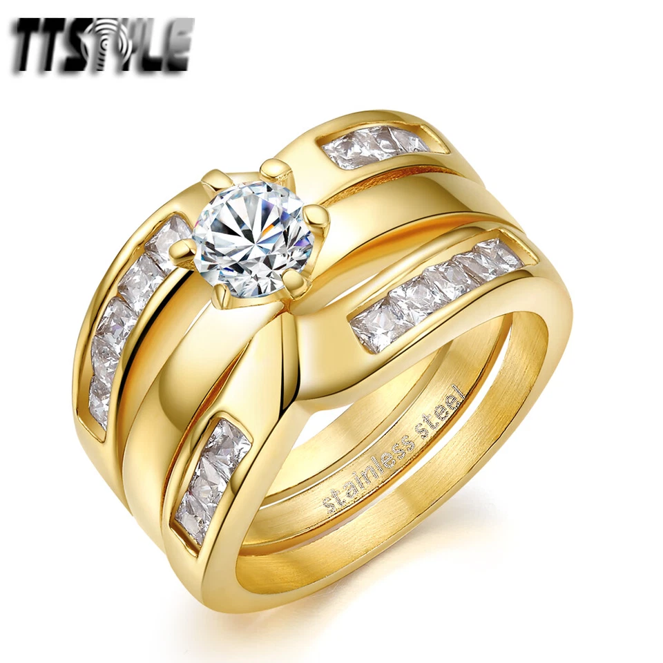 TTstyle Princess Cut THICK 14K Gold GP S.Steel Engagement Wedding Band Ring Set - Image 1 of 1
