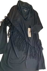 NWT Calessa Black High-Low Fringe Dancing Dress Top Women Size XL Shawl CowlNeck - Picture 1 of 22