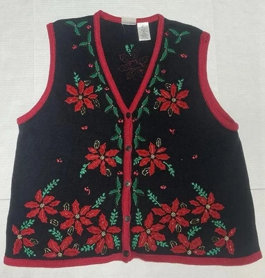 复古 Bobbie Brooks Poinsettia 毛衣背心黑色红色串珠假日圣诞节 XL — 第 1/4 张图片