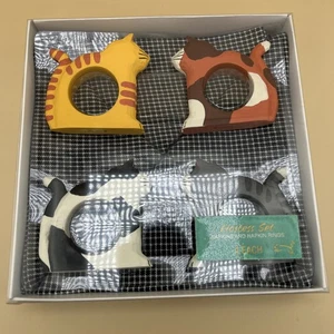 1989 Hallmark 4 Resin Cat Napkin Ring Holders w/napkins. - Picture 1 of 5