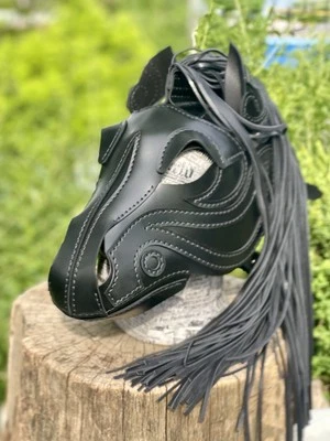 Horse genuine  leather mask Leather Pony Hood with leather mane in black - Image 1 of 4
