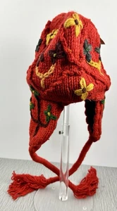Hand Knit Wool Winter Beanie Hat Ear Flaps Lined NWT Cheveux Nepal Ref Floral - Picture 1 of 9