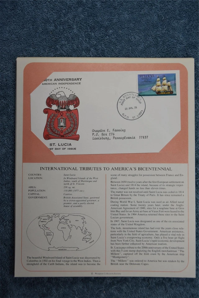 1975 Tributes to America's Bicentennial Souvenir Card - Saint Lucia - Image 1 of 1