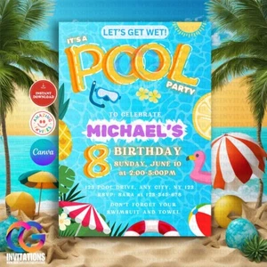 Pool Party Swimming Birthday Invitation, Cool Fun Summer Pool party Template - Picture 1 of 8