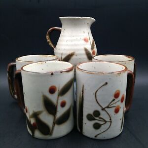 Otagiri Coffee Mug Stoneware Speckled Orange Green Berries  4 Mugs and Creamer
