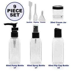 9 Piece Travel Bottle Set Perfect for airport Travel, Holidays, Swimming Camping - Picture 1 of 6