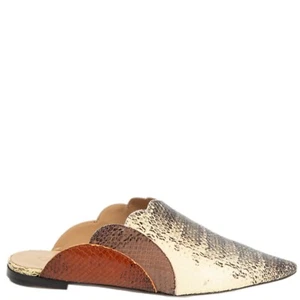 66394 auth CHLOE ivory & brown FAUX PYTHON LAUREN POINTY MULES Flats Shoes 37 - Picture 1 of 6