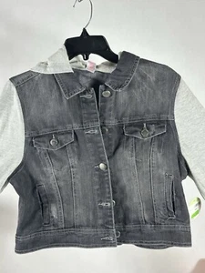 BONGO Black Denim Silver Button Jacket JUNIOR SIZE L With Grey Hoodie - Picture 1 of 8