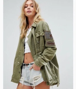 Free People XS Oversized Embellished Military Shirt Army Button Up Olive Green - Picture 1 of 4