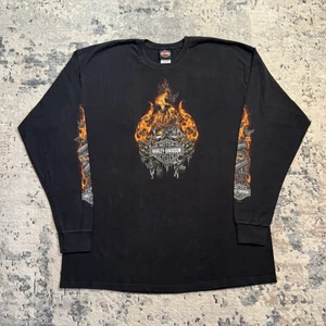 Harley Davidson Shirt Mens 2XL Black Flame Fire Skull Long Sleeve Rommel Biker - Picture 1 of 9