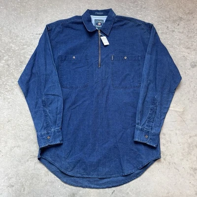 NEW Chaps Ralph Lauren 1/4 Zip Shirt Blue Denim Chambray Linen Blend Size Medium - Image 1 of 4