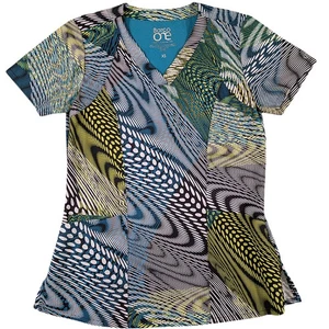 Barco One Scrub Top Womens XS Vibrant Geometric Print Green Blue Medical Vet - Picture 1 of 10
