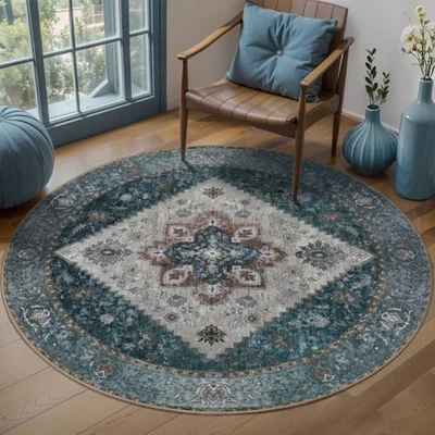  Circle Boho Area Rug 4x4ft Round Washable Bedroom Non-Slip Vintage Entryway  - Image 1 of 4