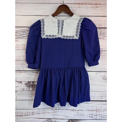 Vintage Girls Blue Dress 5 Drop Waist Puff Sleeve Peter Pan Collar Lace Trim - Image 1 of 4